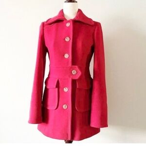 J. Crew Classic Red Wool-Blend Button-Down Polo Trench Coat Belted Sz 8